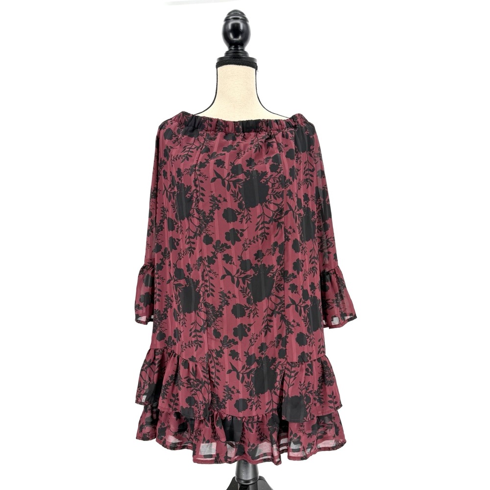 Burgundy Black Dark Floral Off Shoulder Dress MED Tiered Ruffle Bell Sleeve